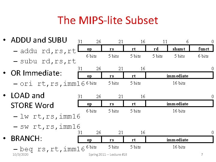 The MIPS-lite Subset • ADDU and SUBU 31 op 6 bits – addu rd,