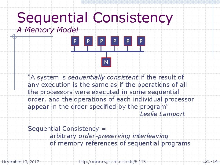 Sequential Consistency A Memory Model P P P M “A system is sequentially consistent
