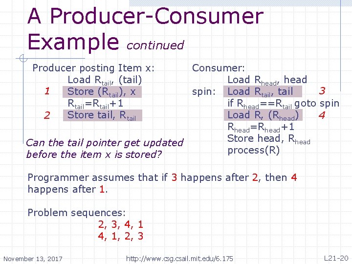 A Producer-Consumer Example continued Producer posting Item x: Load Rtail, (tail) 1 Store (Rtail),