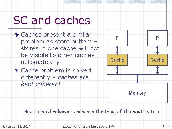 SC and caches Caches present a similar problem as store buffers – stores in