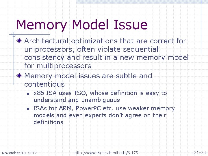 Memory Model Issue Architectural optimizations that are correct for uniprocessors, often violate sequential consistency