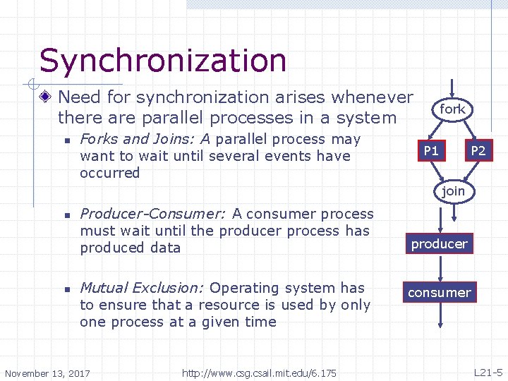 Synchronization Need for synchronization arises whenever there are parallel processes in a system n