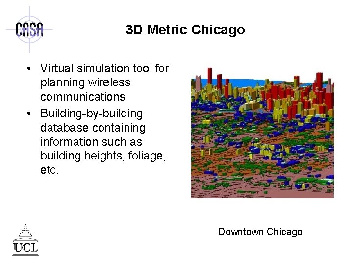 3 D Metric Chicago • Virtual simulation tool for planning wireless communications • Building-by-building