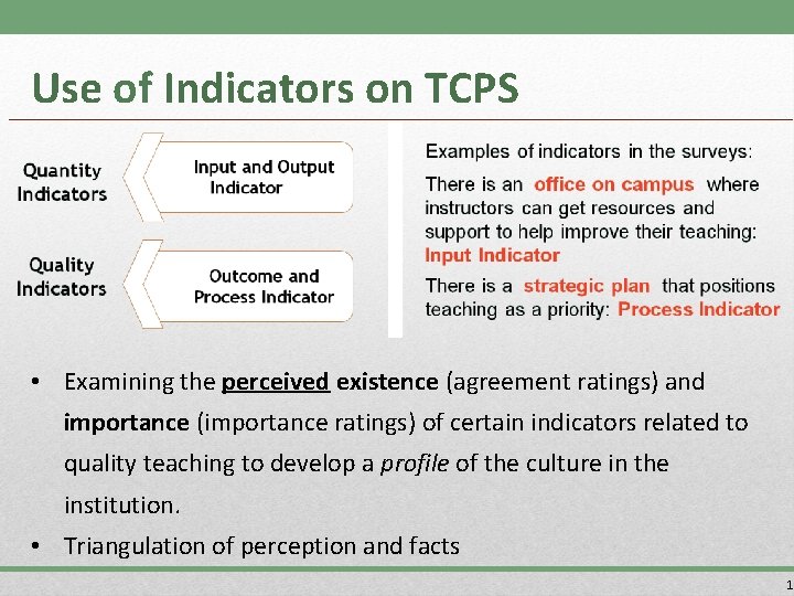 Use of Indicators on TCPS • Examining the perceived existence (agreement ratings) and importance