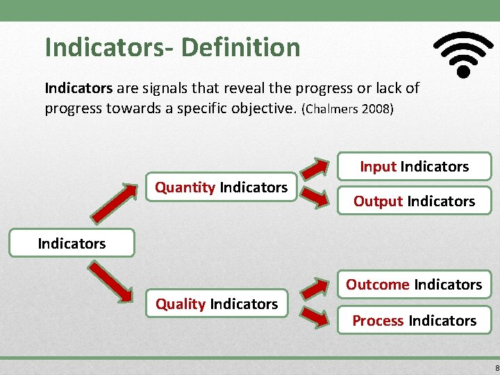 Indicators- Definition Indicators are signals that reveal the progress or lack of progress towards