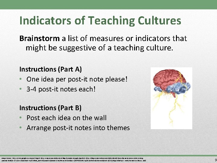 Indicators of Teaching Cultures Brainstorm a list of measures or indicators that might be