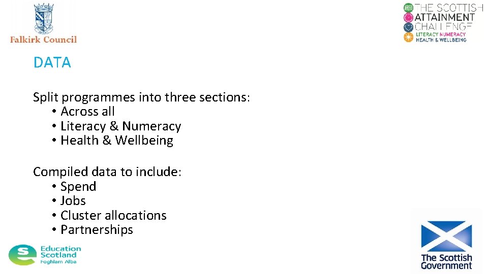 DATA Split programmes into three sections: • Across all • Literacy & Numeracy •