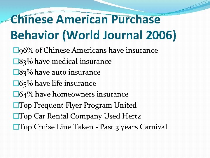 Chinese American Purchase Behavior (World Journal 2006) � 96% of Chinese Americans have insurance