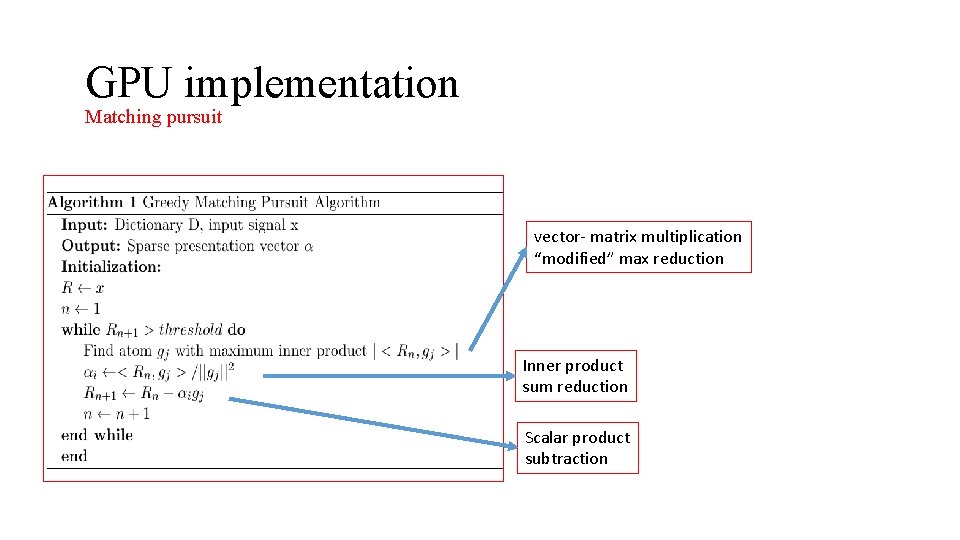 GPU implementation Matching pursuit vector- matrix multiplication “modified” max reduction Inner product sum reduction