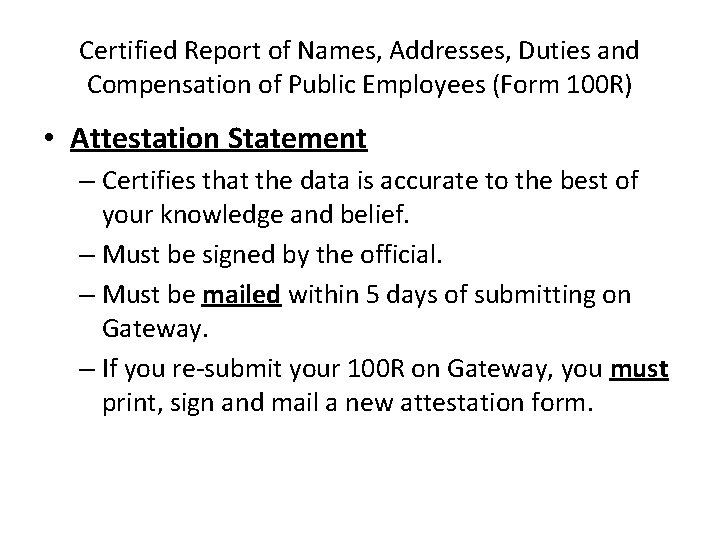 Certified Report of Names, Addresses, Duties and Compensation of Public Employees (Form 100 R)