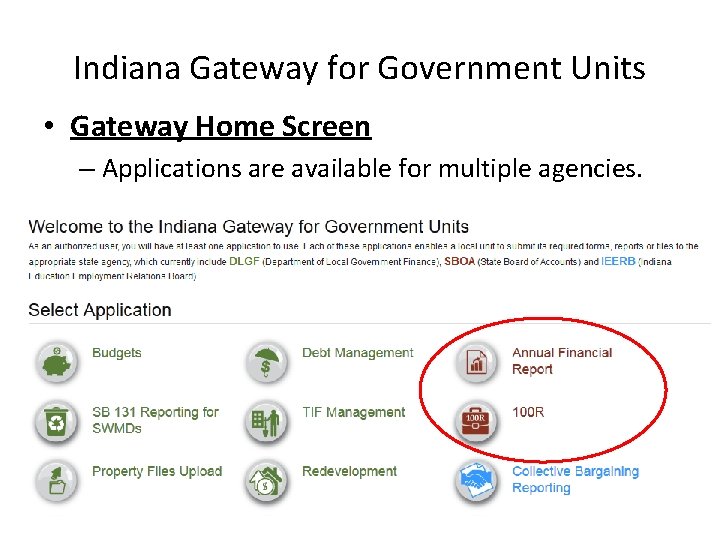 Indiana Gateway for Government Units • Gateway Home Screen – Applications are available for