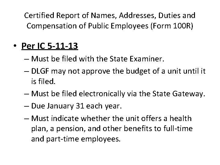 Certified Report of Names, Addresses, Duties and Compensation of Public Employees (Form 100 R)