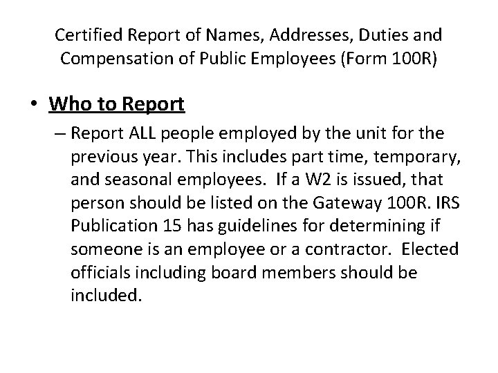 Certified Report of Names, Addresses, Duties and Compensation of Public Employees (Form 100 R)