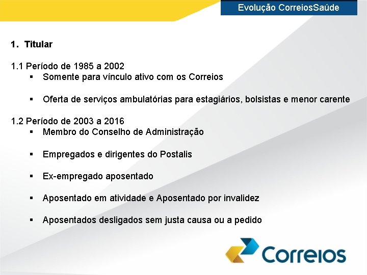 Evolução Correios. Saúde 1. Titular 1. 1 Período de 1985 a 2002 § Somente