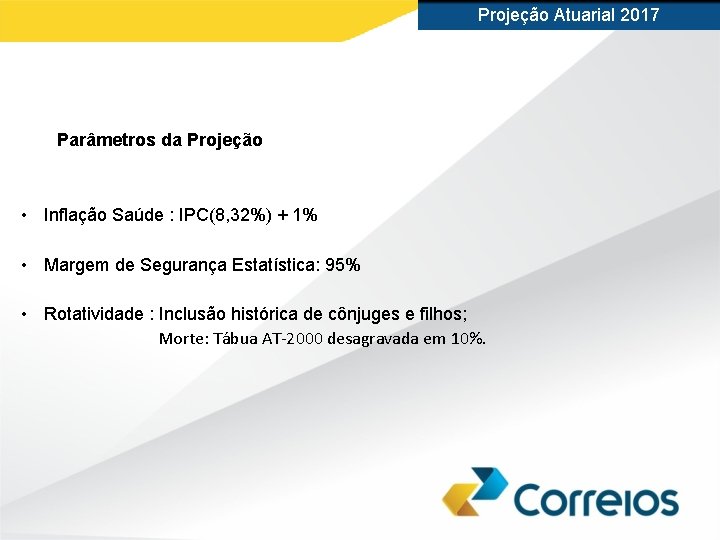 Projeção Atuarial 2017 Parâmetros da Projeção • Inflação Saúde : IPC(8, 32%) + 1%