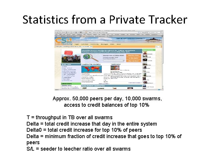Statistics from a Private Tracker Approx. 50, 000 peers per day, 10, 000 swarms,