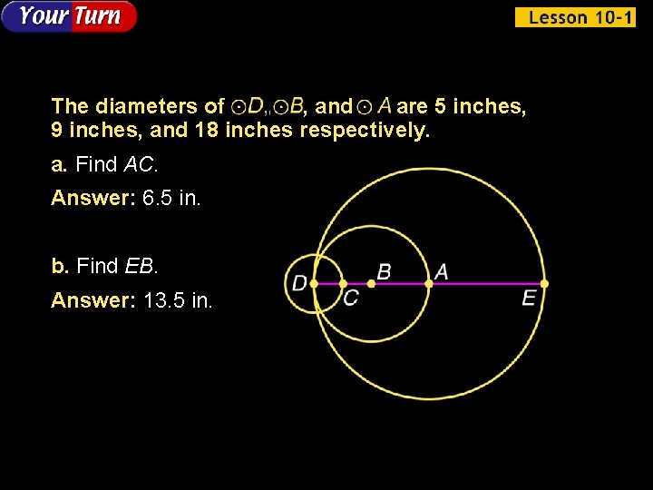 The diameters of , and are 5 inches, 9 inches, and 18 inches respectively.