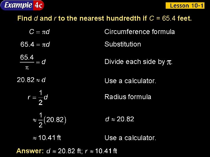 Find d and r to the nearest hundredth if C = 65. 4 feet.