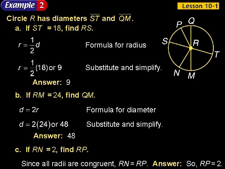 Circle R has diameters a. If ST = 18, find RS. and . Formula