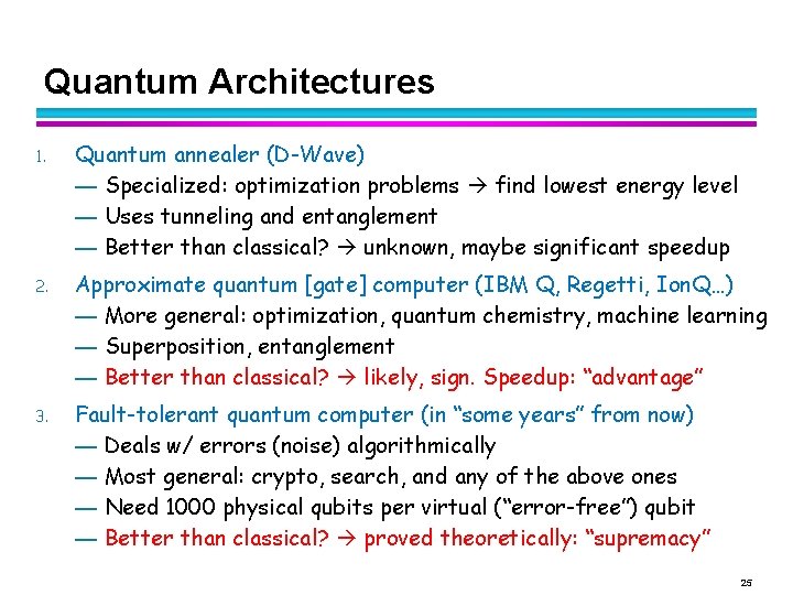 Quantum Architectures 1. Quantum annealer (D-Wave) — Specialized: optimization problems find lowest energy level Quantum Architectures 1. Quantum annealer (D-Wave) — Specialized: optimization problems find lowest energy level