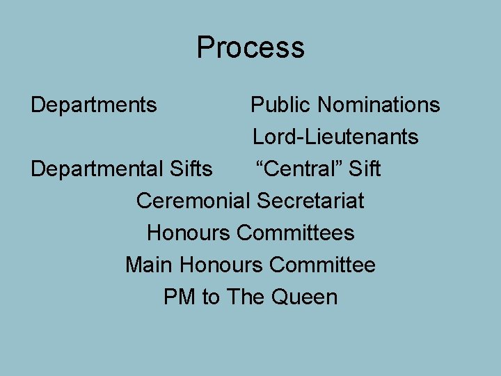 Process Departments Public Nominations Lord-Lieutenants Departmental Sifts “Central” Sift Ceremonial Secretariat Honours Committees Main