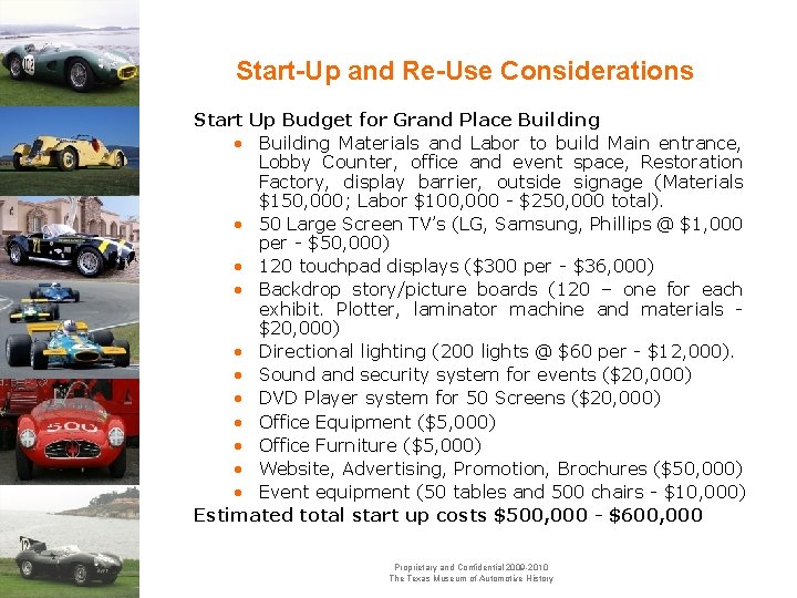 Start-Up and Re-Use Considerations Start Up Budget for Grand Place Building • Building Materials