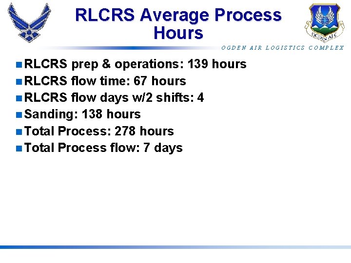 RLCRS Average Process Hours OGDEN AIR LOGISTICS COMPLEX n RLCRS prep & operations: 139