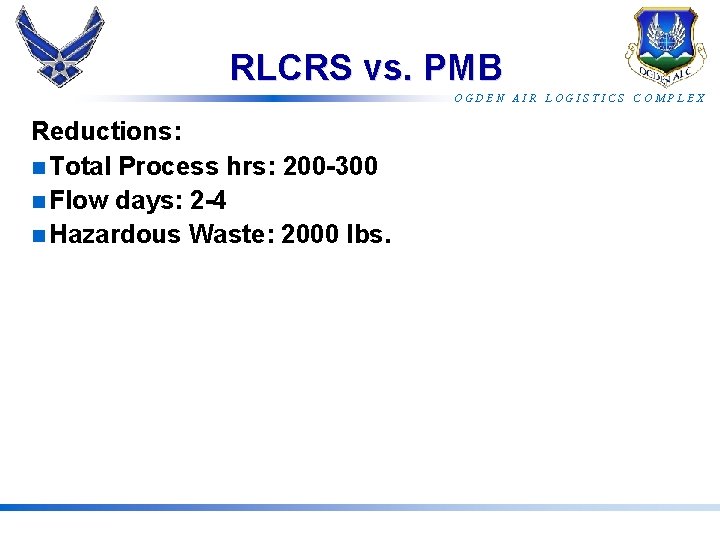 RLCRS vs. PMB OGDEN AIR LOGISTICS COMPLEX Reductions: n Total Process hrs: 200 -300