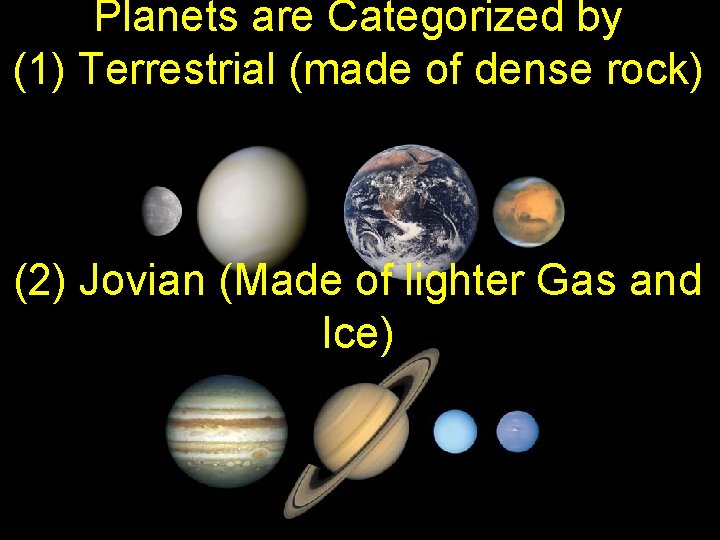 Planets are Categorized by (1) Terrestrial (made of dense rock) (2) Jovian (Made of Planets are Categorized by (1) Terrestrial (made of dense rock) (2) Jovian (Made of