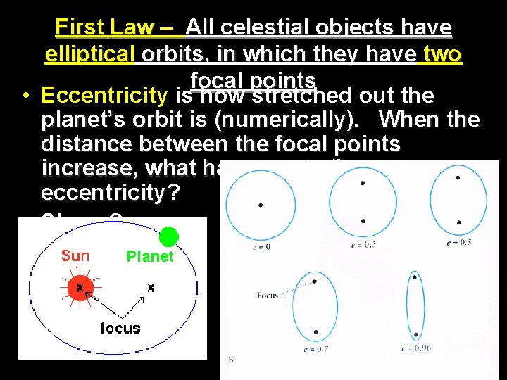 First Law – All celestial objects have elliptical orbits, in which they have two First Law – All celestial objects have elliptical orbits, in which they have two