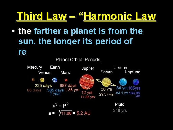 Third Law – “Harmonic Law” Harmonic Law • the farther a planet is from Third Law – “Harmonic Law” Harmonic Law • the farther a planet is from