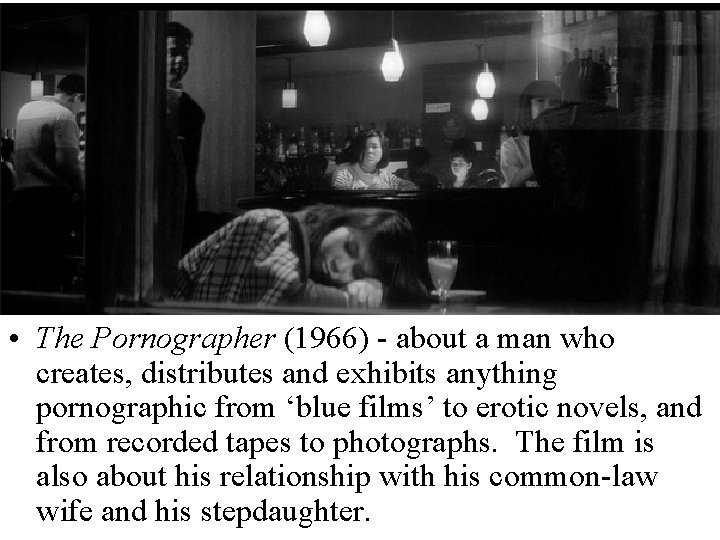  • The Pornographer (1966) - about a man who creates, distributes and exhibits