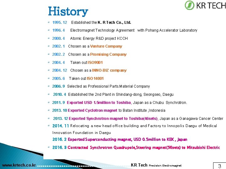 History 1995. 12 Established the K. R Tech Co. , Ltd. 1996. 4 Electromagnet