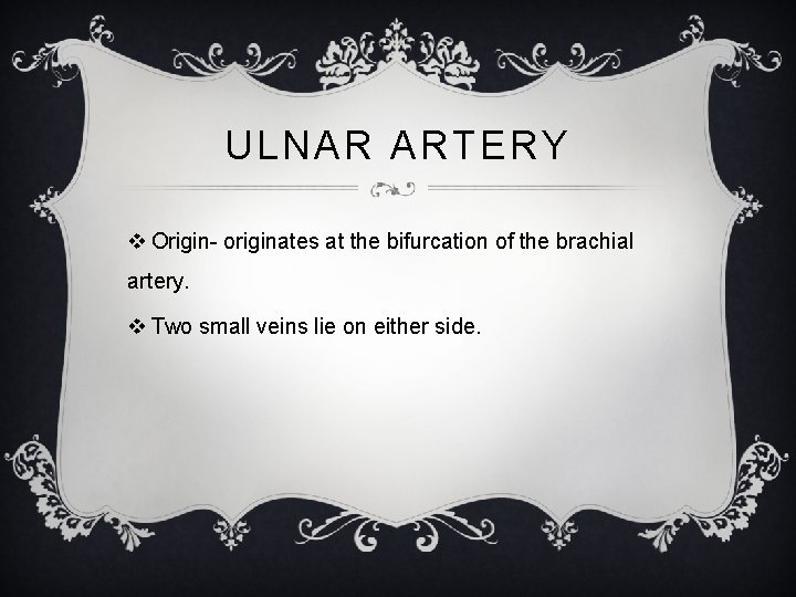 ULNAR ARTERY v Origin- originates at the bifurcation of the brachial artery. v Two