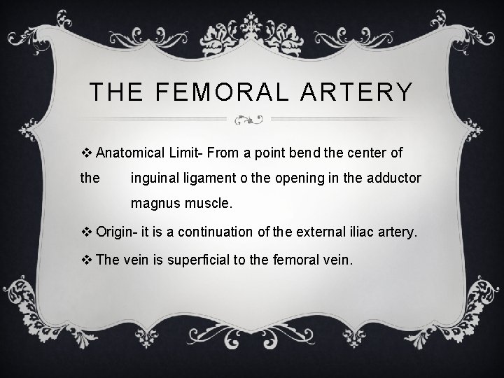 THE FEMORAL ARTERY v Anatomical Limit- From a point bend the center of the