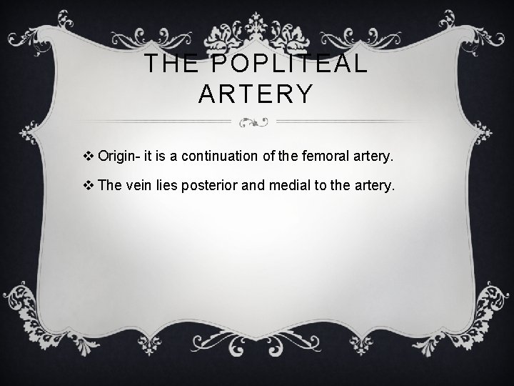 THE POPLITEAL ARTERY v Origin- it is a continuation of the femoral artery. v