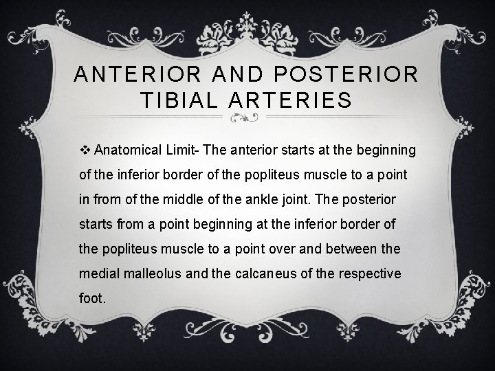 ANTERIOR AND POSTERIOR TIBIAL ARTERIES v Anatomical Limit- The anterior starts at the beginning
