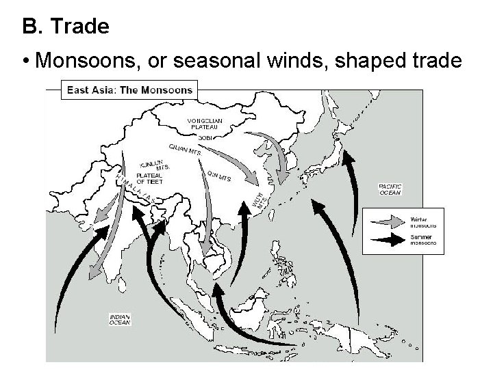 B. Trade • Monsoons, or seasonal winds, shaped trade 