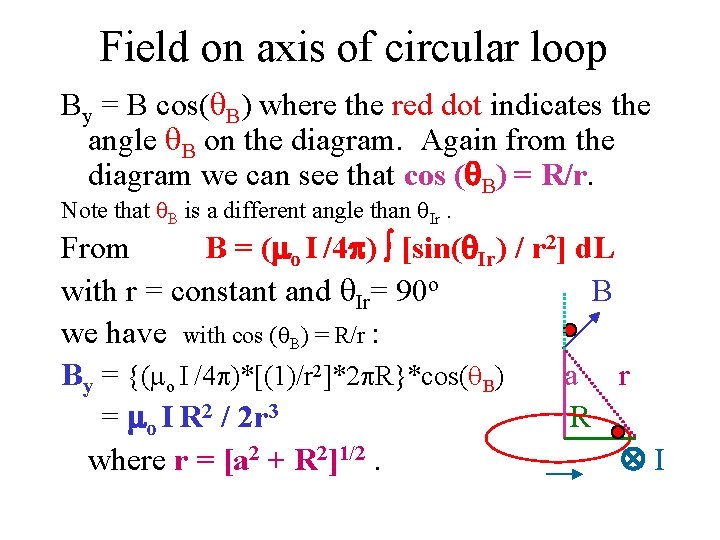 Field on axis of circular loop By = B cos(q. B) where the red