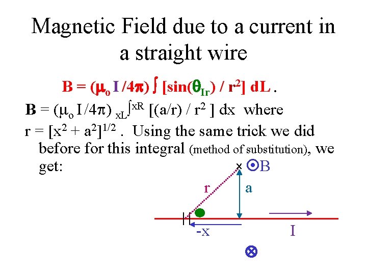 Magnetic Field due to a current in a straight wire B = (mo I