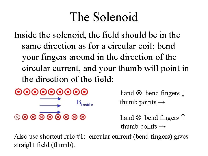 The Solenoid Inside the solenoid, the field should be in the same direction as