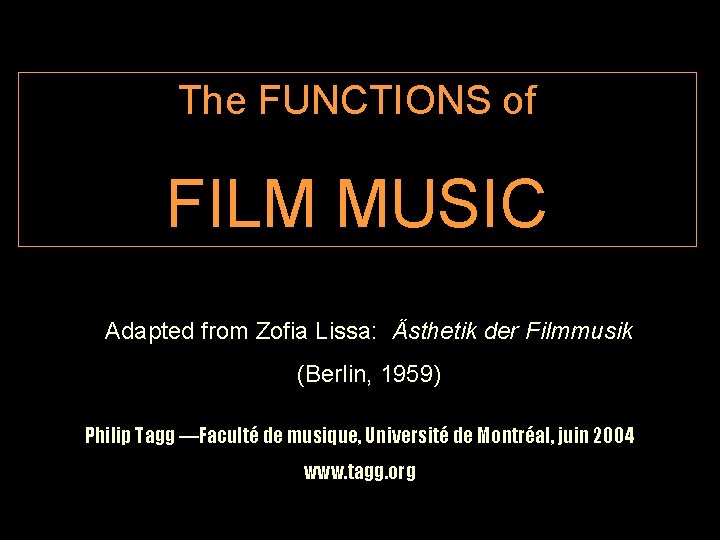 The FUNCTIONS of FILM MUSIC Adapted from Zofia Lissa: Ästhetik der Filmmusik (Berlin, 1959)