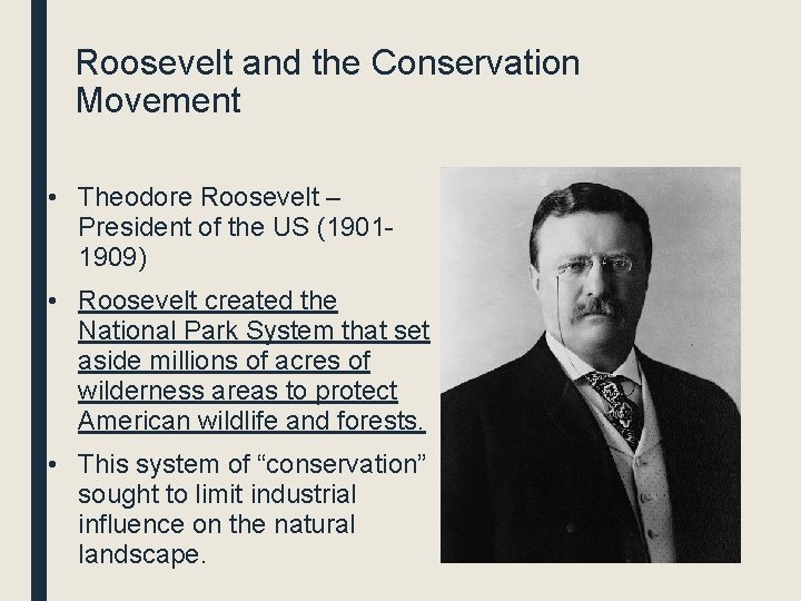 Roosevelt and the Conservation Movement • Theodore Roosevelt – President of the US (19011909)
