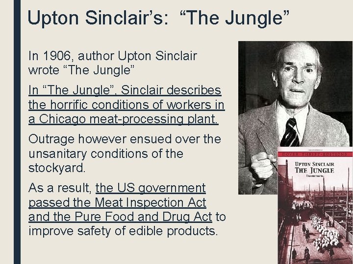 Upton Sinclair’s: “The Jungle” • In 1906, author Upton Sinclair wrote “The Jungle” •