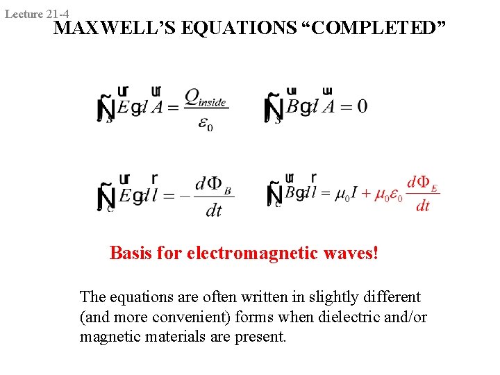 Lecture 21 1 Maxwells Equations so far Gausss