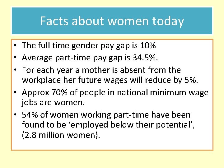 Facts about women today • The full time gender pay gap is 10% •