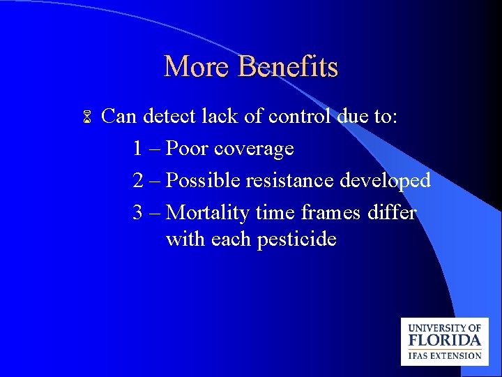 More Benefits Can detect lack of control due to: 1 – Poor coverage 2