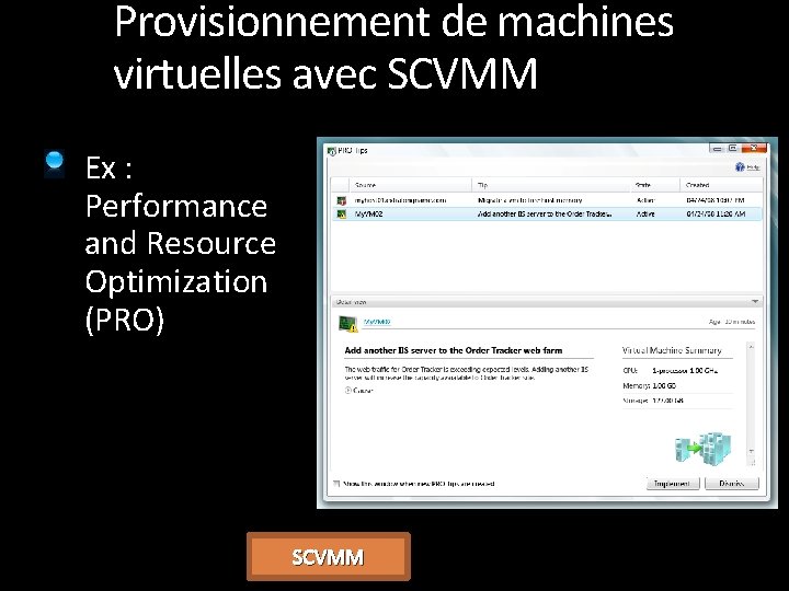 Provisionnement de machines virtuelles avec SCVMM Ex : Performance and Resource Optimization (PRO) SCVMM