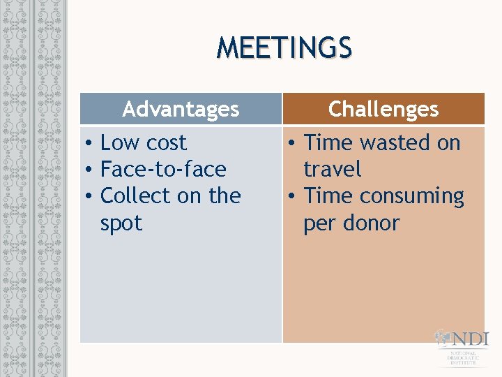 MEETINGS Advantages • Low cost • Face-to-face • Collect on the spot Challenges •