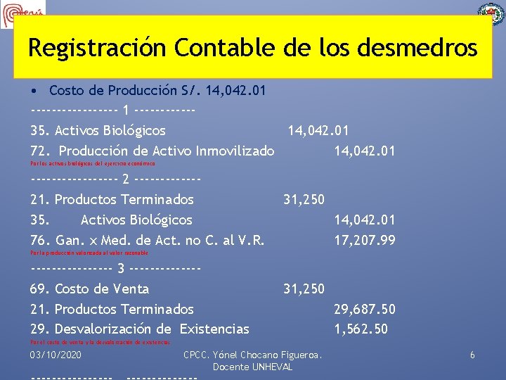 Registración Contable de los desmedros • Costo de Producción S/. 14, 042. 01 ---------